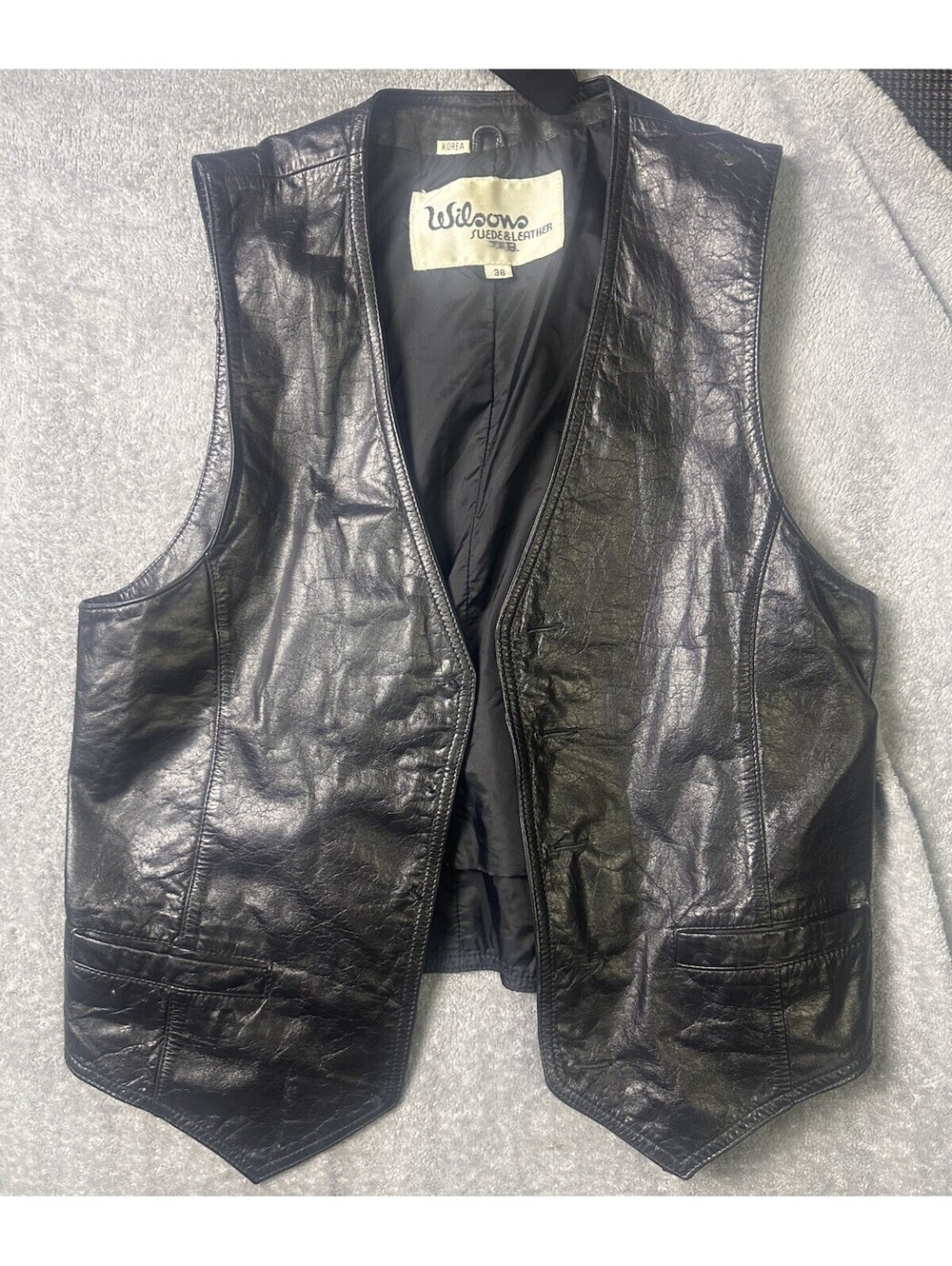 Vintage Wilson Suede &Leather vest 38 Black Button front 2 pockets Biker Retro